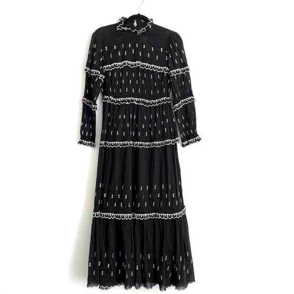 Isabel Etoile Morant Lyukio black cotton scalloped embroidered midi dress M-L
